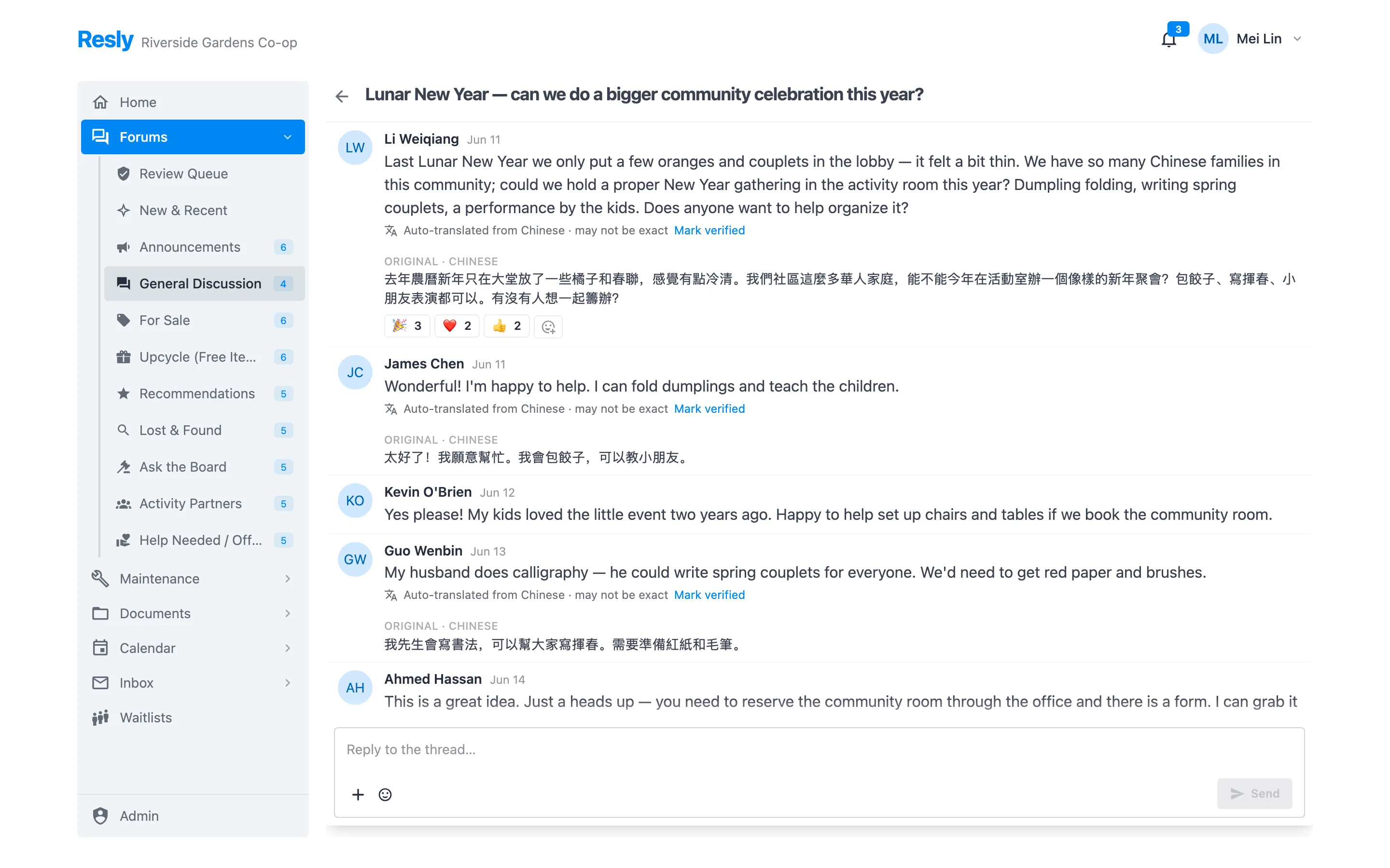 A Resly forum thread with translated posts, reactions, and a reply box