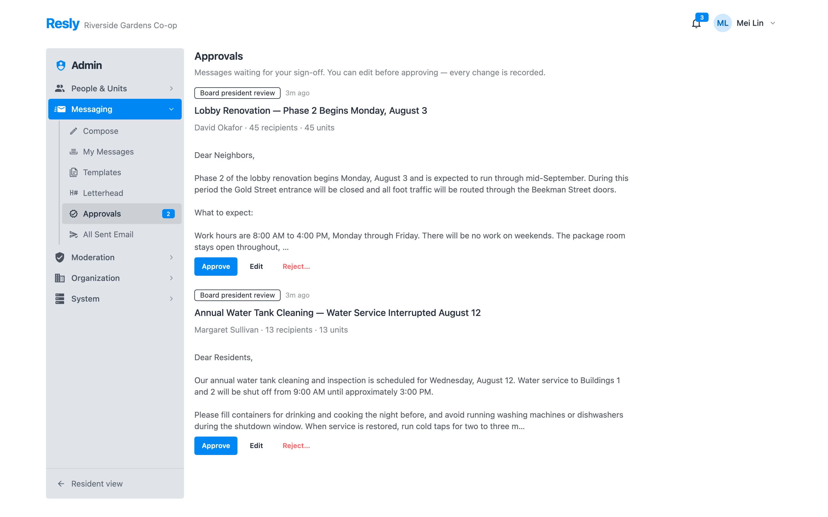 The Resly approvals queue showing notices awaiting board president review, with Approve, Edit, and Reject
