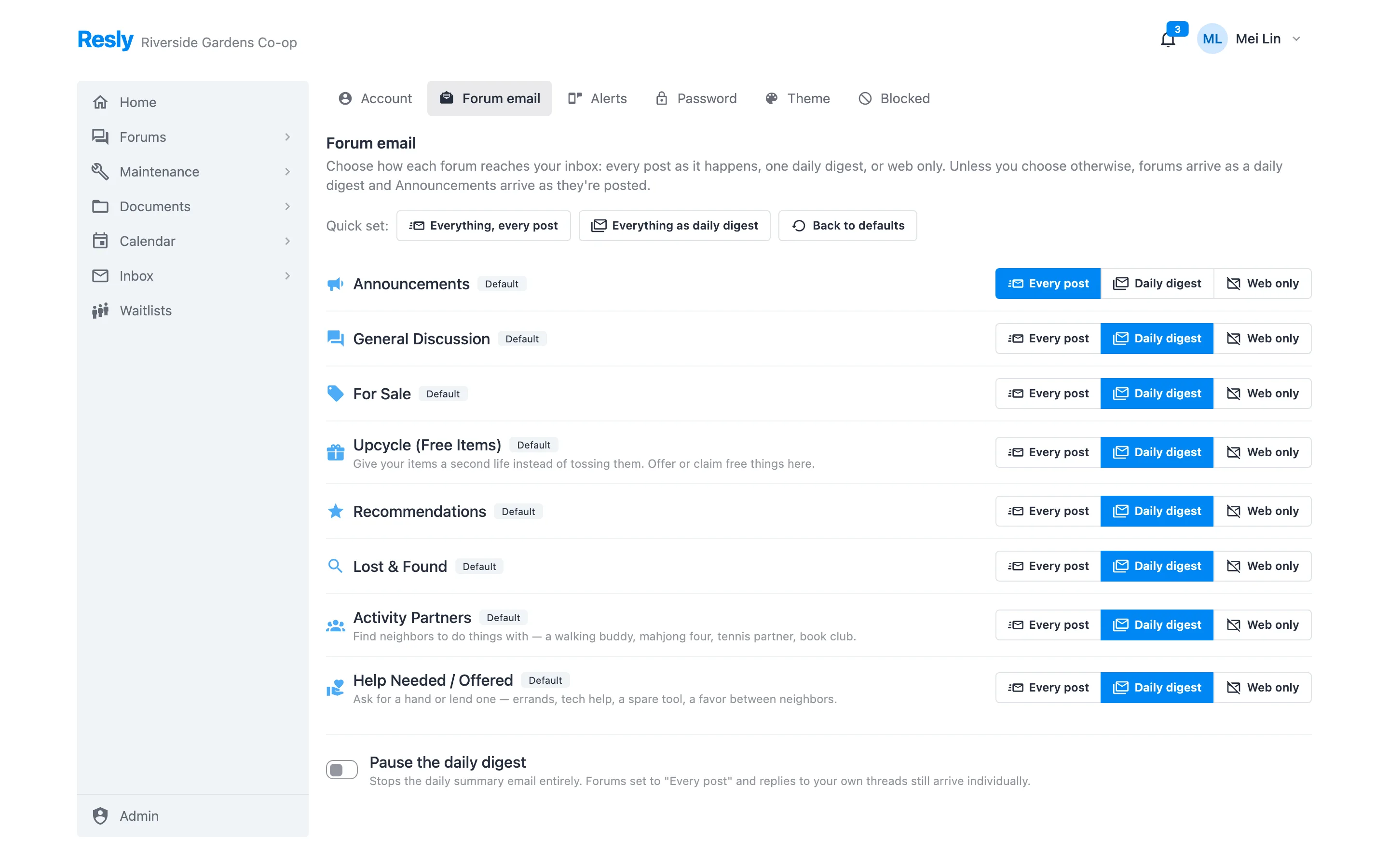 Per-forum email cadence settings in Resly: every post, daily digest, or web only