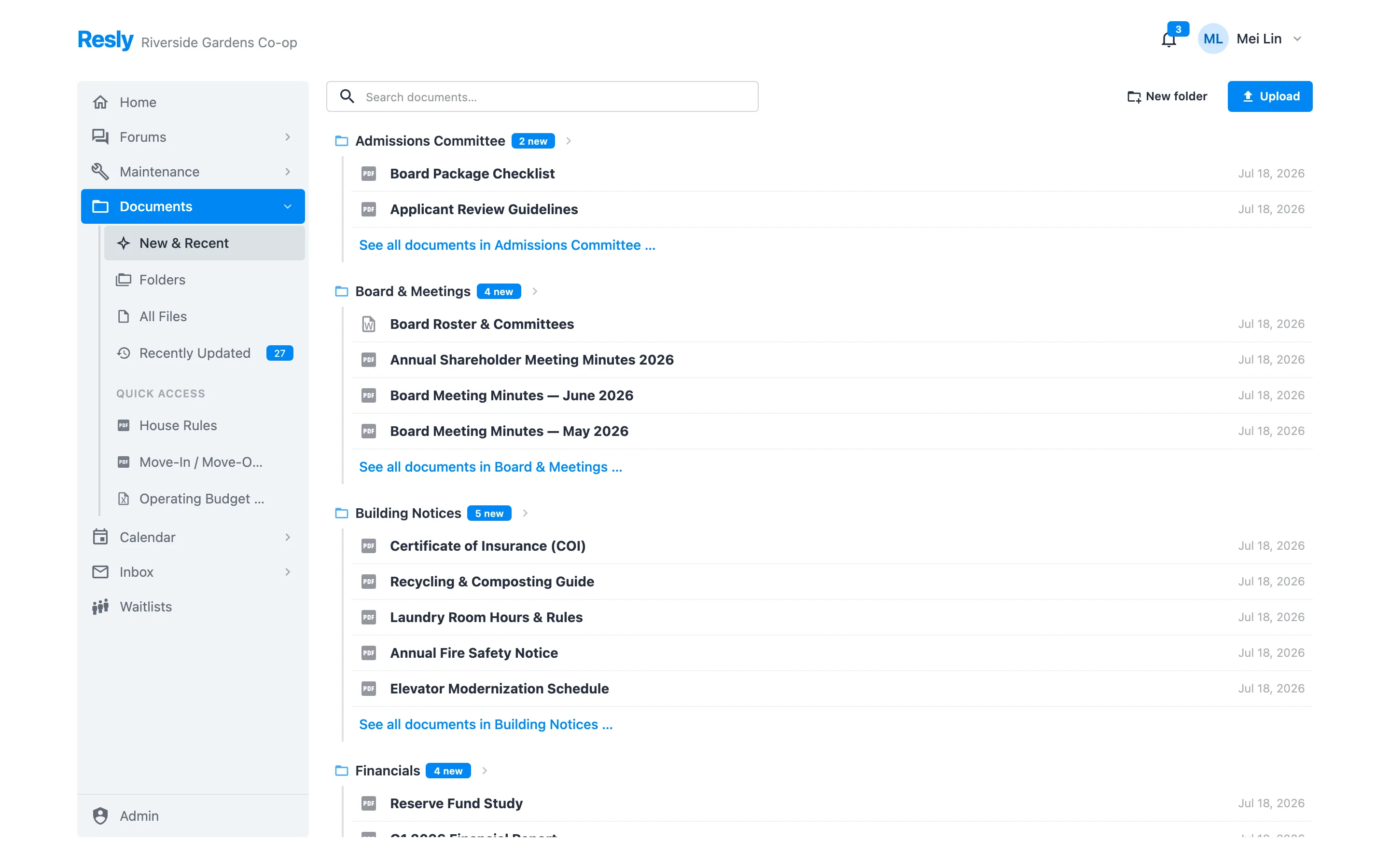 The Resly document library grouped into folders with recently added files