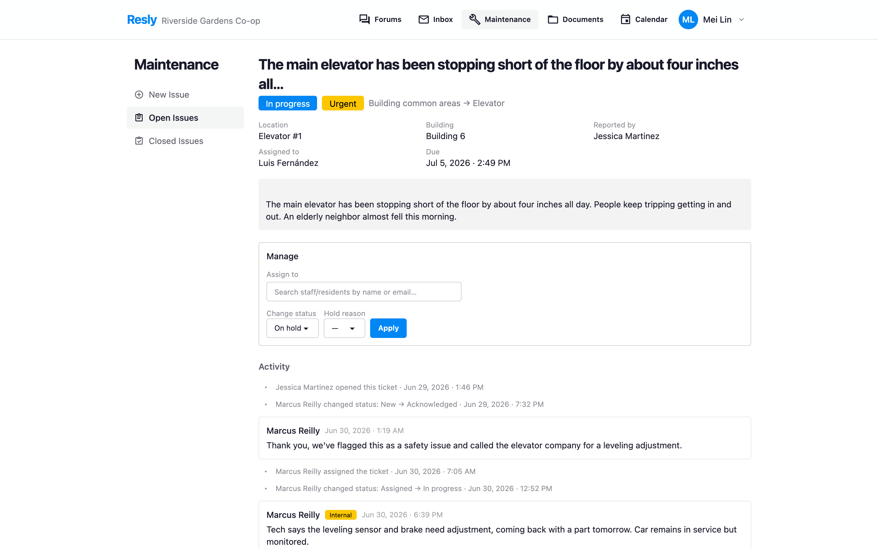 A Resly maintenance ticket with a staff-and-resident comment thread