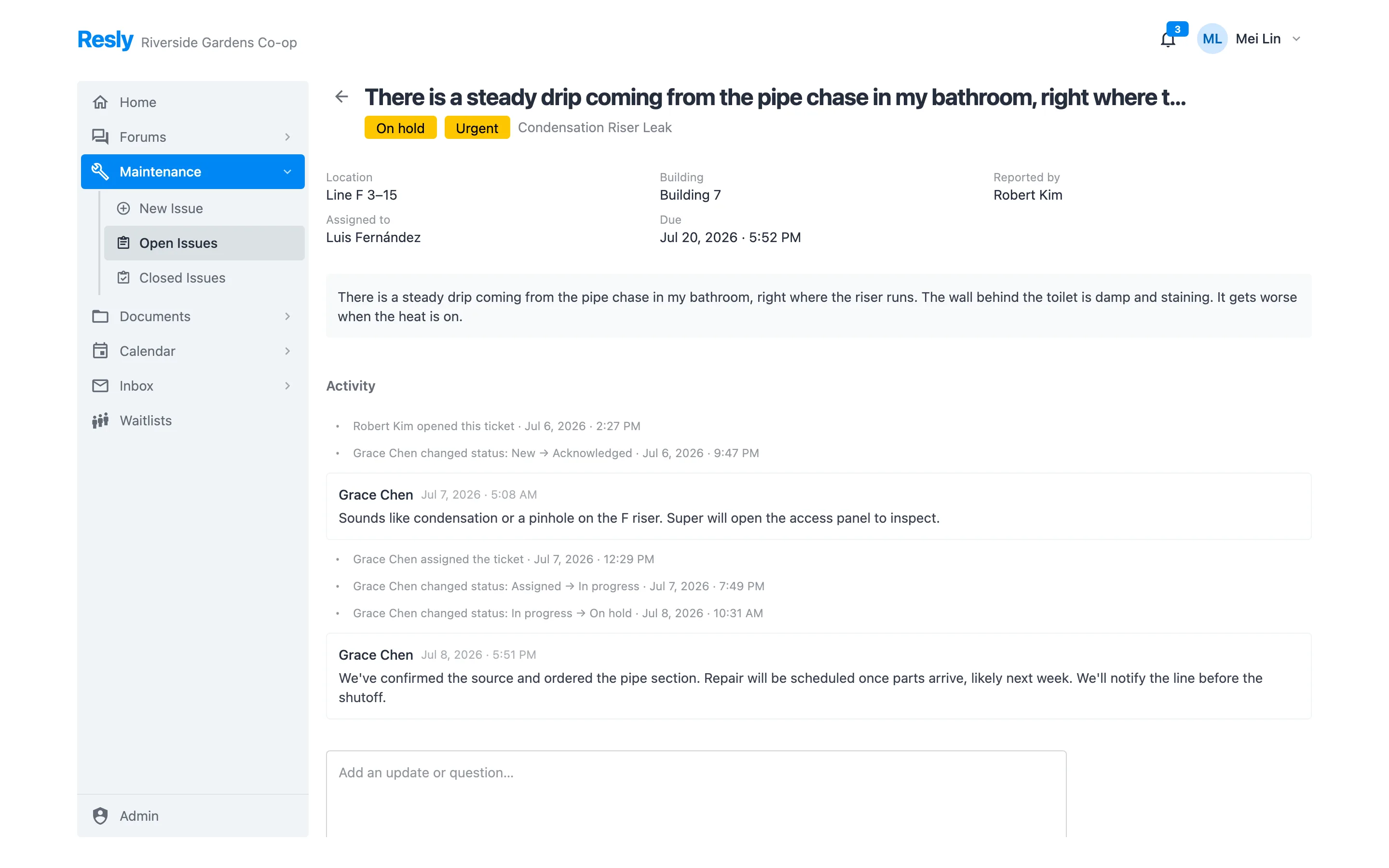 A Resly maintenance ticket with location, assignment, status history, and a staff comment thread