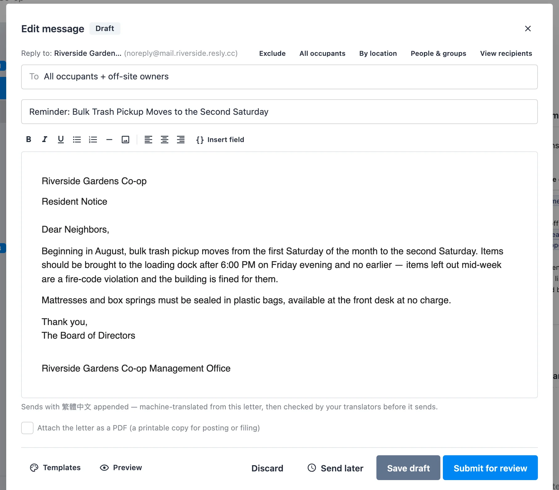 The Resly message composer: recipient targeting tabs, a letterhead body with merge fields, and Submit for review