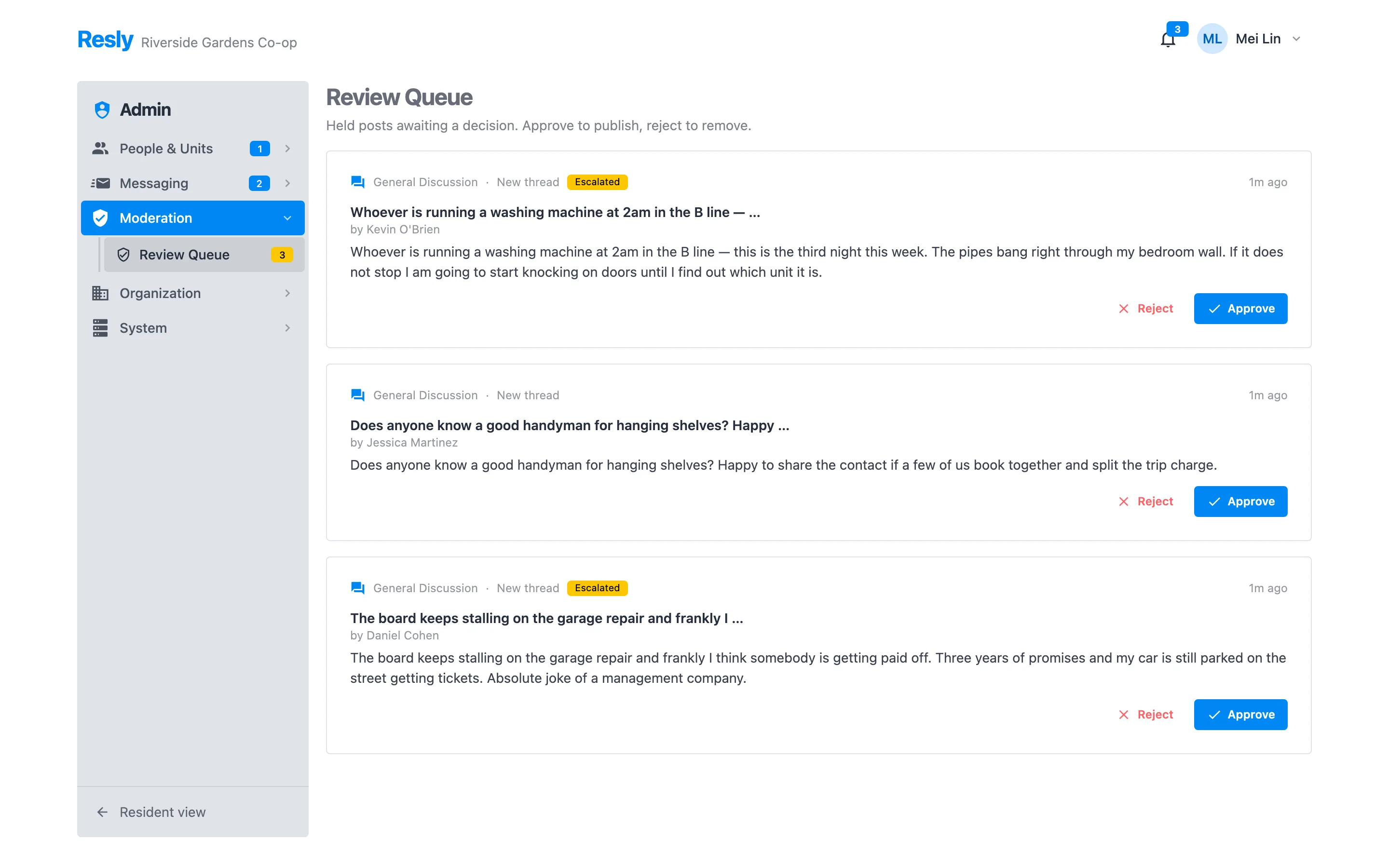 The Resly moderation review queue with held posts, escalation badges, and approve or reject actions