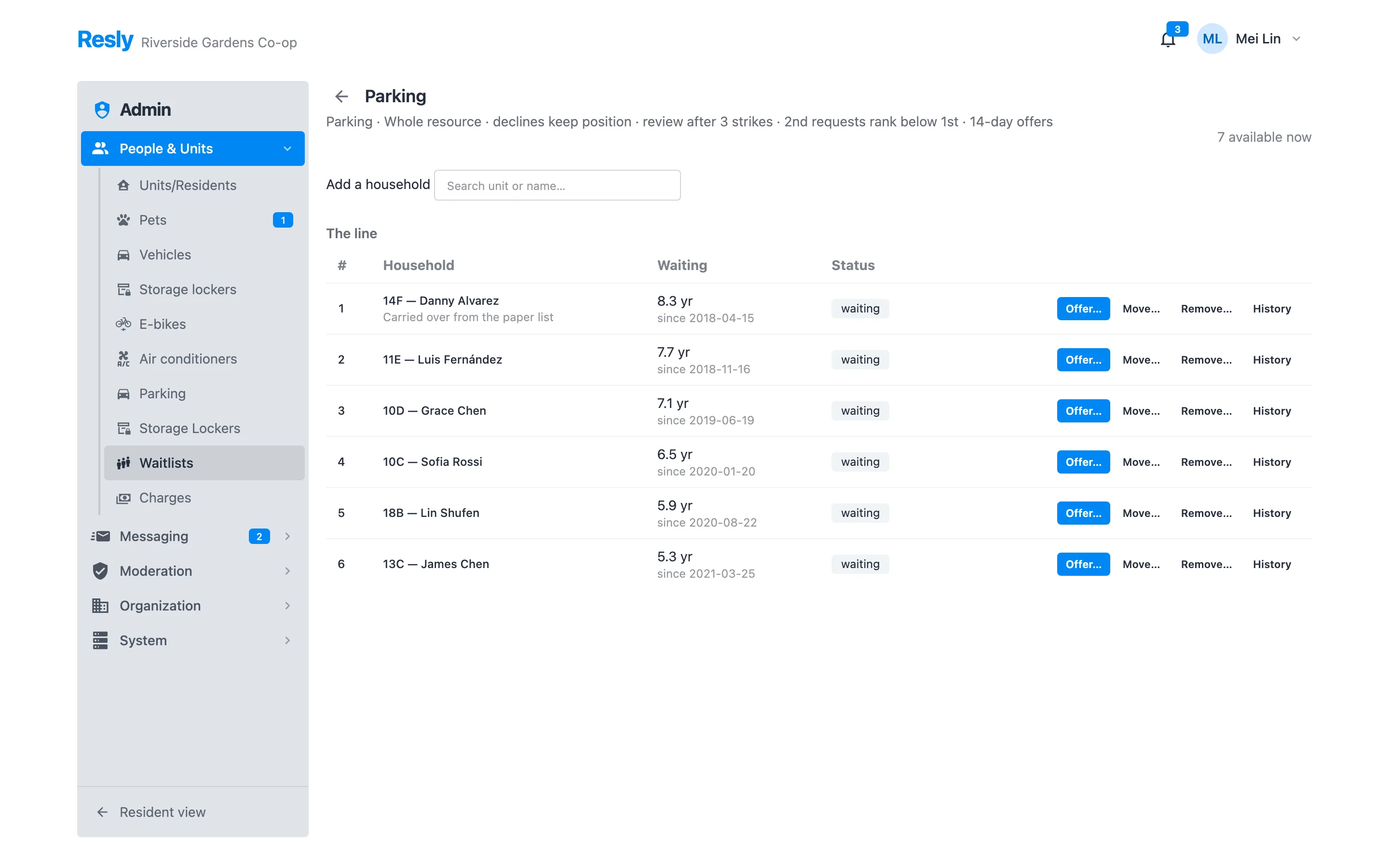 An ordered parking waitlist in Resly showing position, household, years waiting, and offer actions